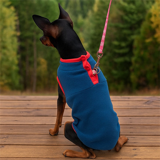 Chien vêtu de son manteau bleu sur une terrasse