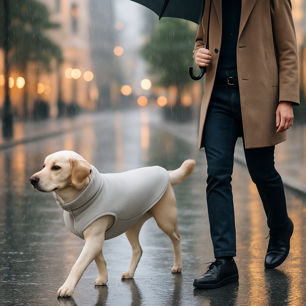 Chien vêtu d'un manteau gris marchant sous la pluie à côté de son maître