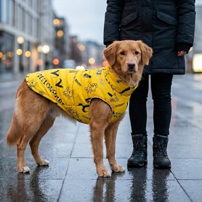Manteau pour chien jaune en ville