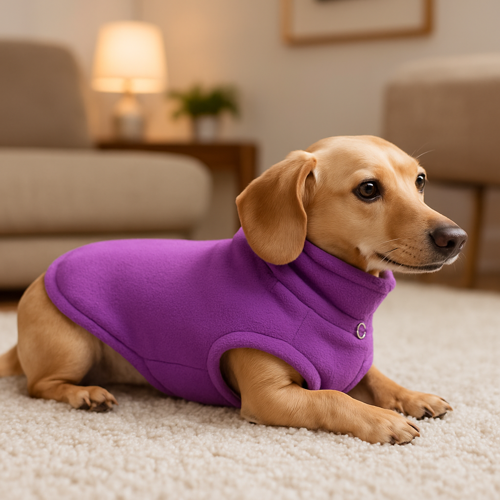 Chien vêtu d'un manteau mauve assis dans le salon 