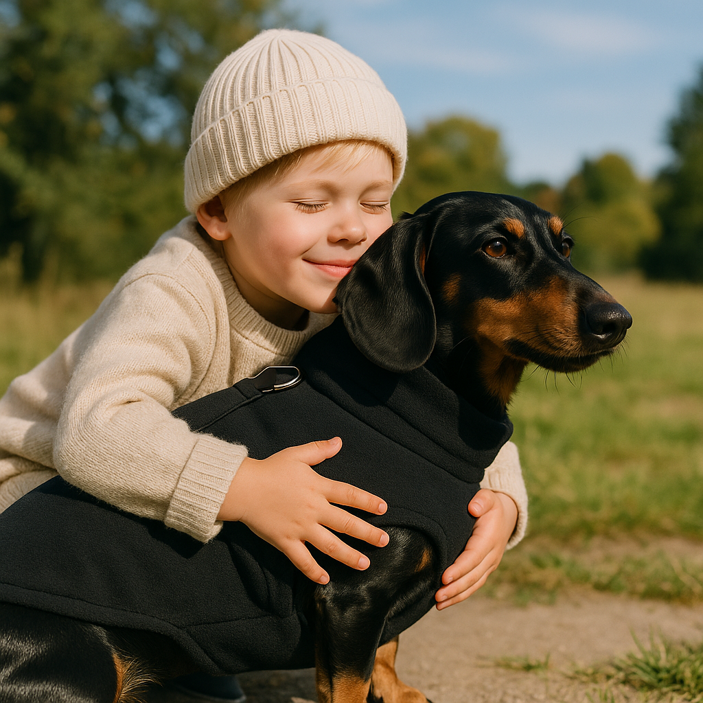Chien avec manteau noir avec un garçon dans le parc
