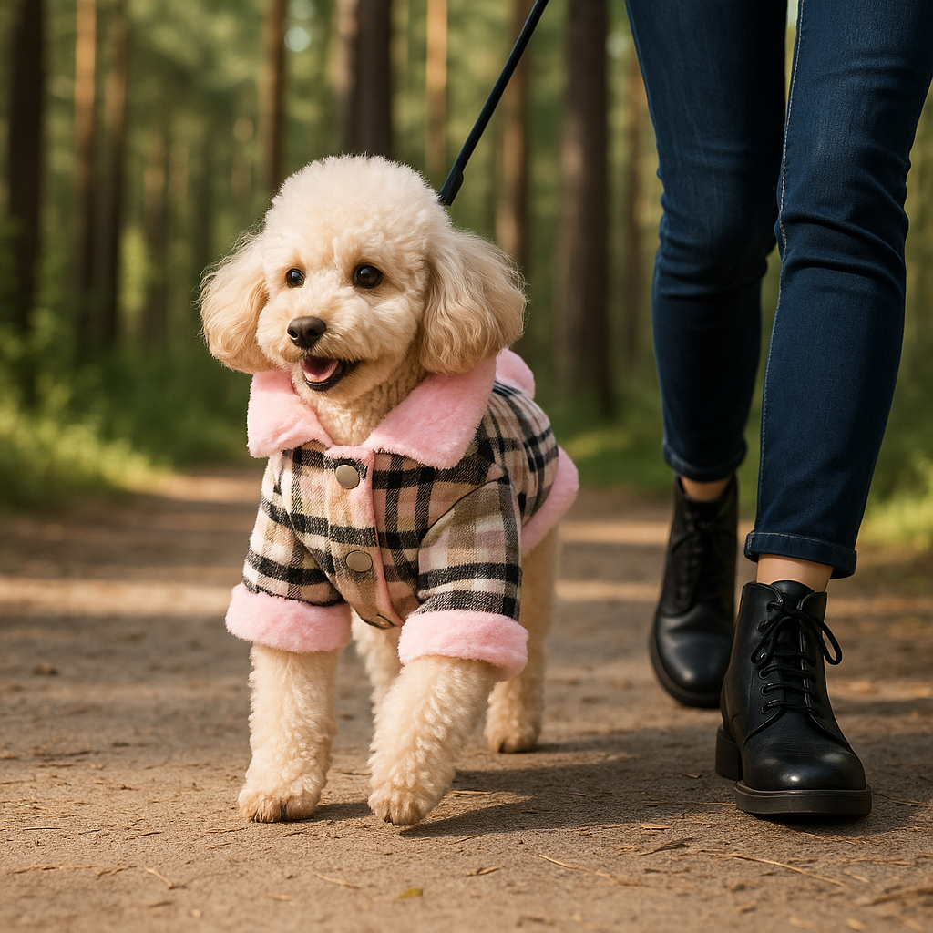 Caniche avec son manteau d'hiver rose marchand dans le bois