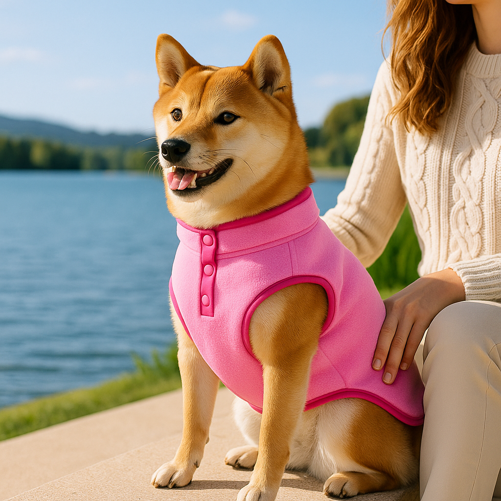Chien vêtu de son manteau rose au bord d'un lac