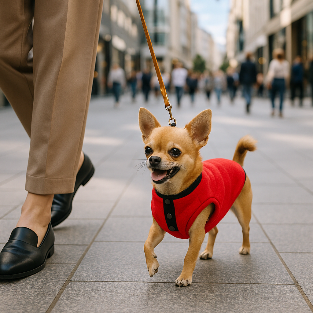 Chien vêtu de son manteau rouge marchand sur une rue passante