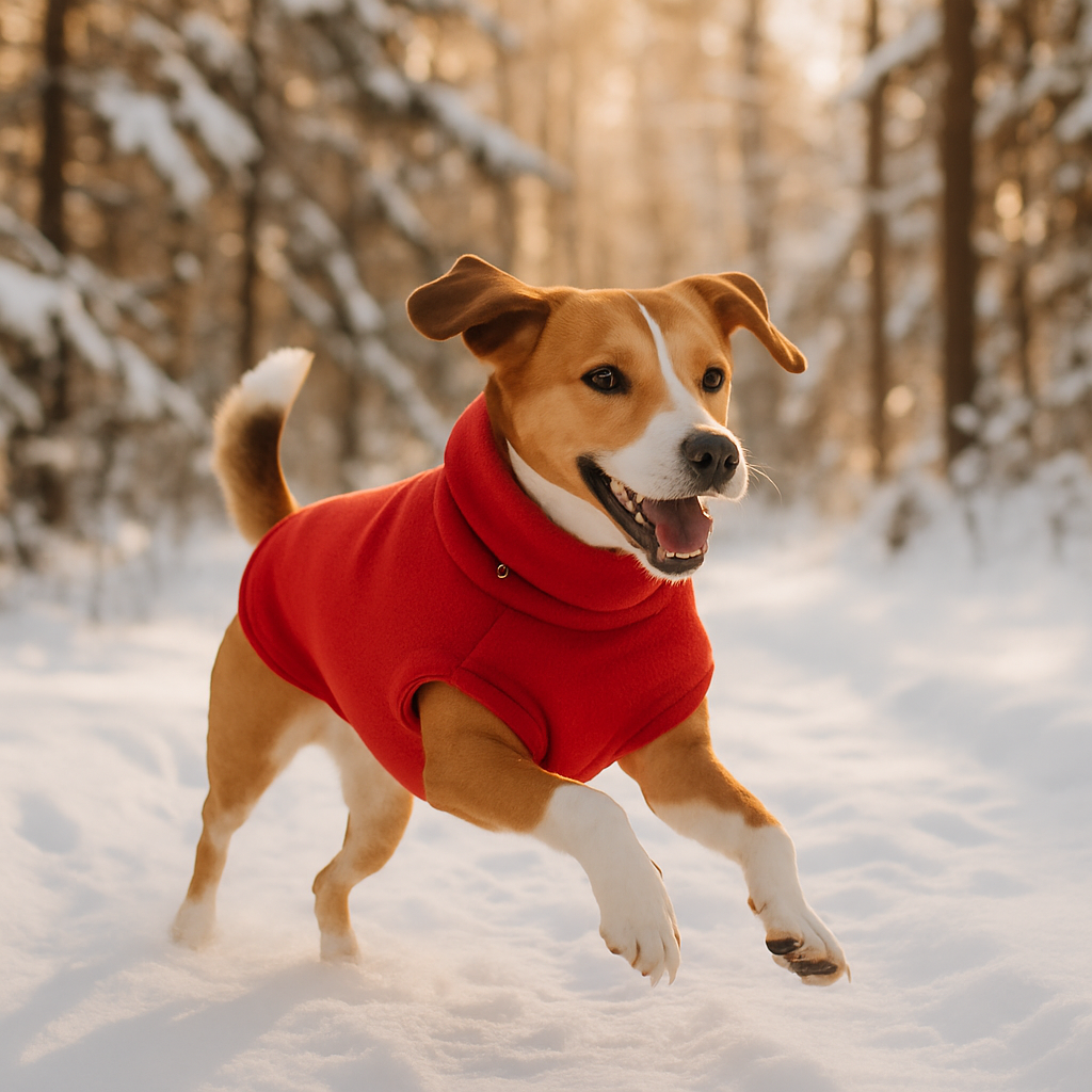 Chien avec manteau rouge dans la neige