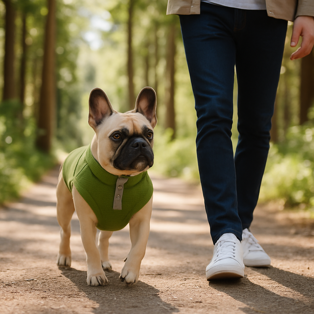 Chien vêtu de son manteau vert marchand dans les bois 