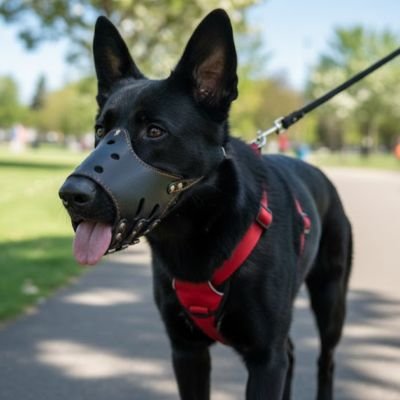 Muselière chien anti morsure avec chien noir 
