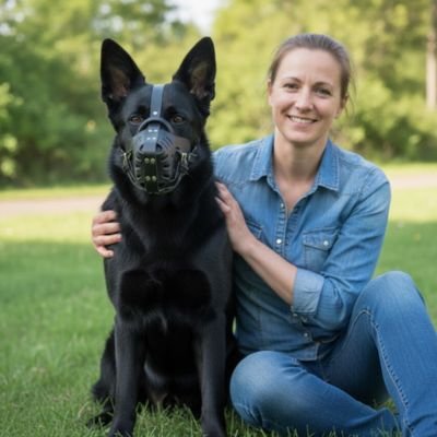 Muselière chien anti morsure femme assise près de son chien