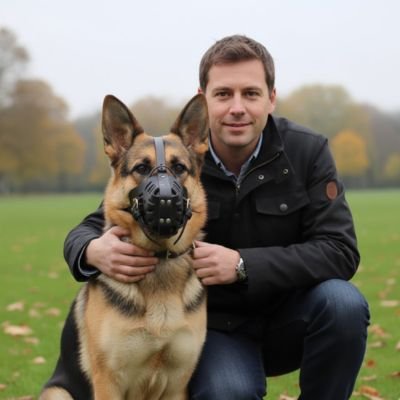 Muselière chien anti morsure porté par un berger allemand