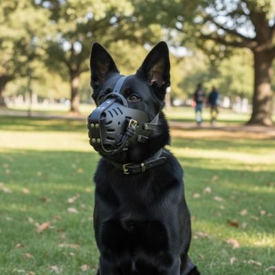 Muselière chien anti morsure porté par un chien noir