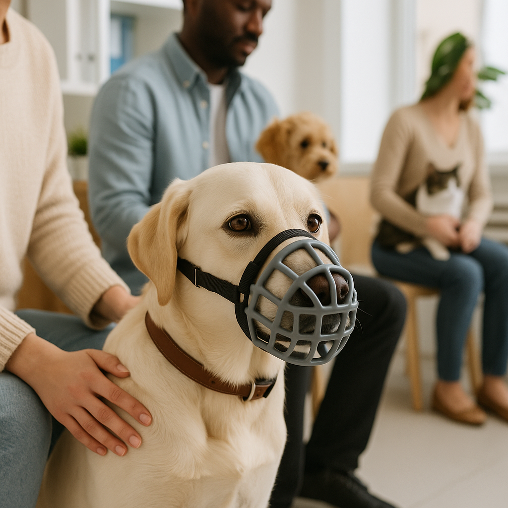 Chien portant une muselière anti-morsure grise assis calmement dans la salle d’attente du vétérinaire, rassurant les autres animaux et les personnes présentes