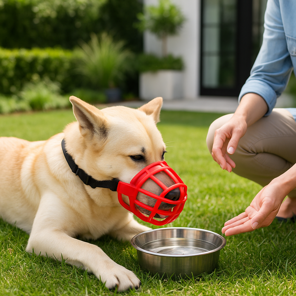 Chien portant une muselière anti-morsure rouge allongé paisiblement avec son maître, buvant dans une gamelle sans gêne