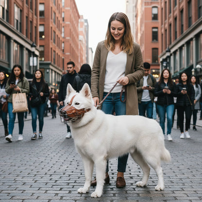 museliere chien brun avec chien blanc au milieu de la foule