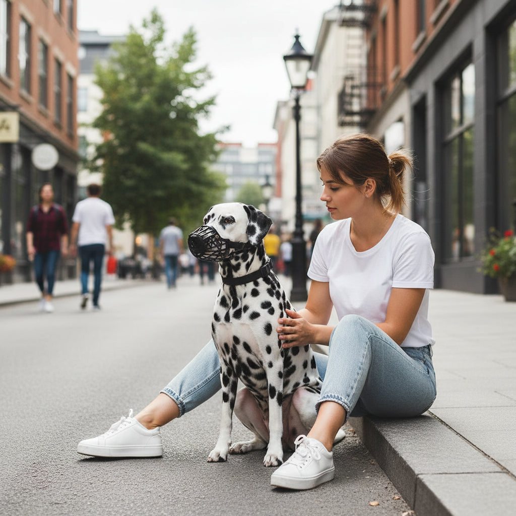 muselière chien dalmatien avec sa maitresse en ville