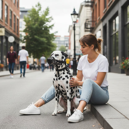 muselière chien dalmatien avec sa maitresse en ville