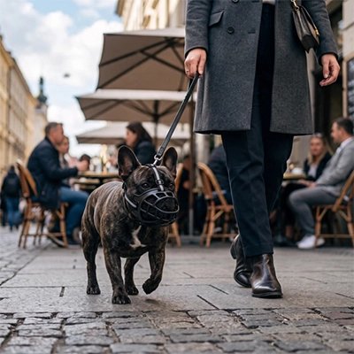 Muselière chien​ dans une rue marchante