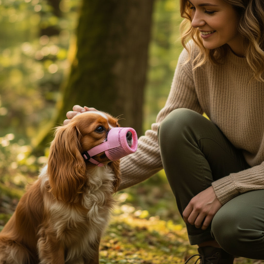 museliere chien rose avec sa maitresse dans le bois