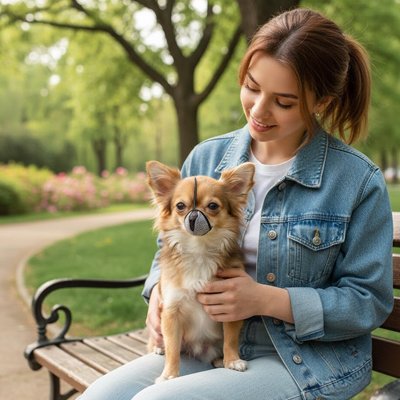 Muselière pour chien​ assis sur les genou de sa maîtresse