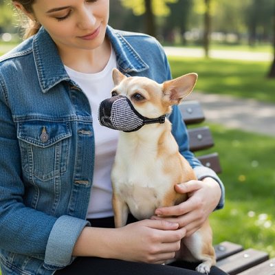 Muselière pour chien​ avec sa maîtresse dans les bois