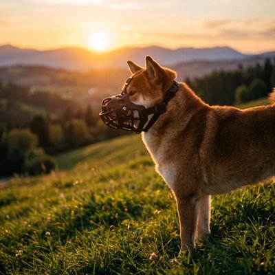 Muselière pour chien​ noir avec chien au couché du soleil