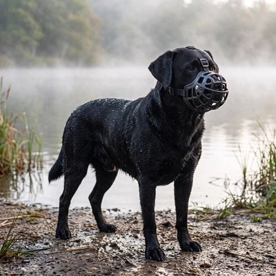 Muselière pour chien​ noir près d'un lac