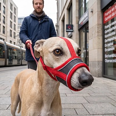 Muselière pour chien​ rouge en ville
