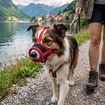 Muselière pour chien​ rouge près du lac