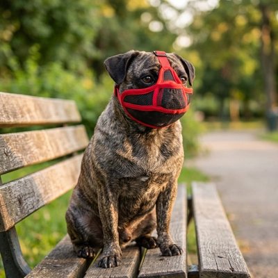 Muselière pour chien​ rouge sur le banc