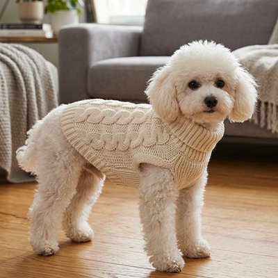 Pull Chien blanc avec un chien dans le salon