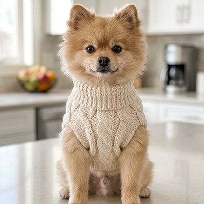 Pull Chien blanc avec un chien sur la table de cuisine