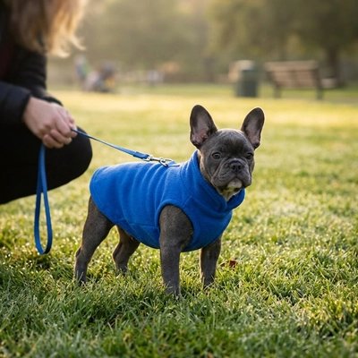 Pull Chien bleu marine dans parc