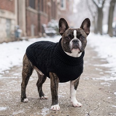 Pull Chien noir avec un chien debout de face dans la rue 