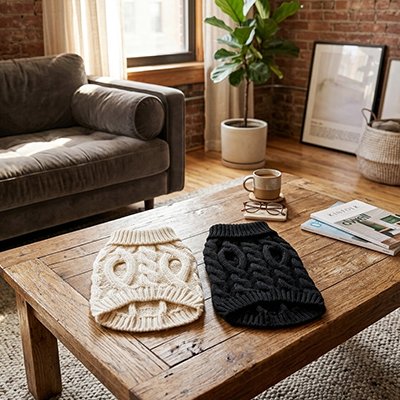 Pull Chien noir et blanc sur la table