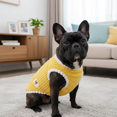 Pull petit Chien Jaune avec chien assis dans le salon