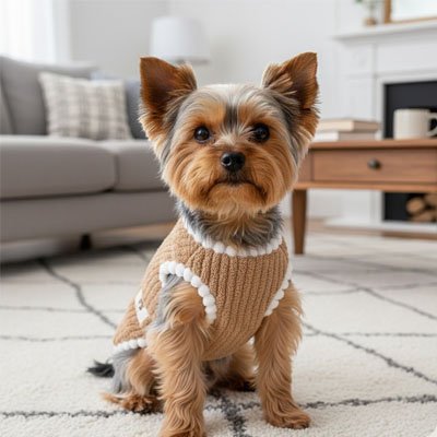 Pull pour Chien marron avec chien assis dans le salon