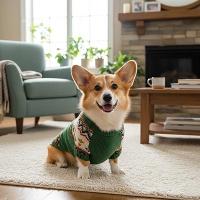 Pull Petit Chien vert assis dans le salon