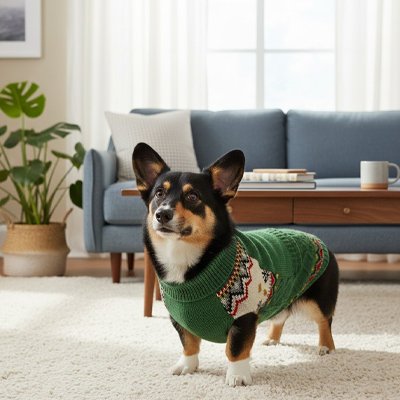 Pull Petit Chien vert dans le salon