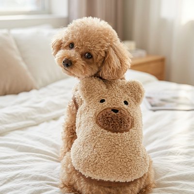 Pull pour Chien beige assis sur un lit