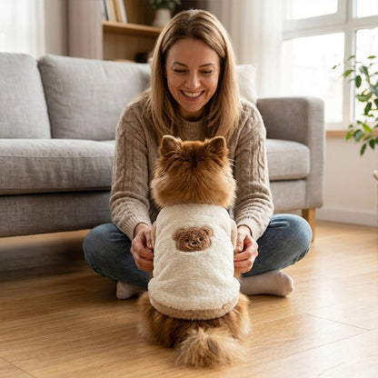 Pull pour Chien beige chien avec sa maîtresse dans le salon