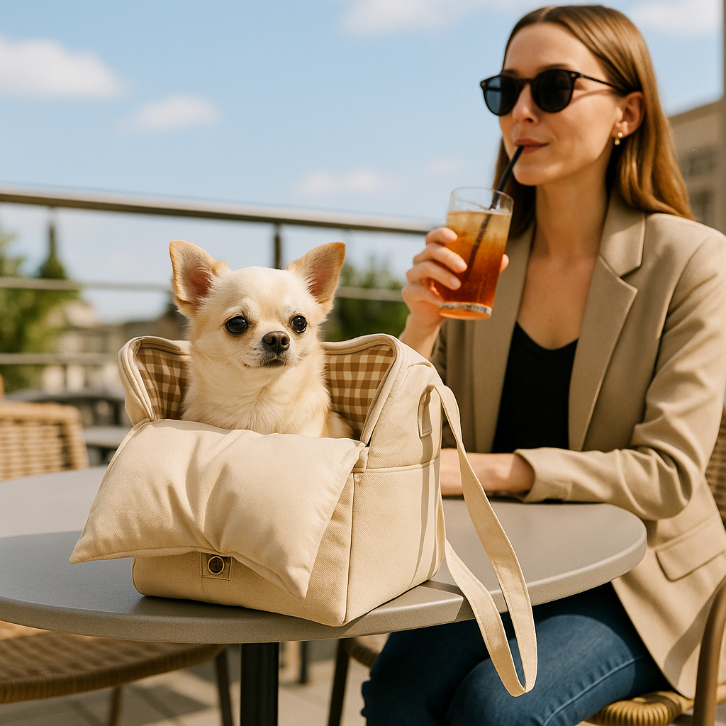 Magnifique chihuahua dans un sac de transport avec sa maîtresse sur une terrasse d'un café