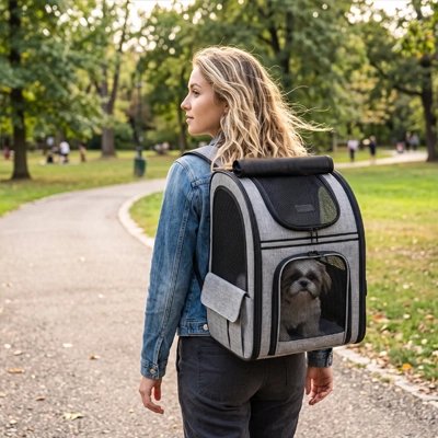 Sac de transport pour Chien gris sur le dos face au monde