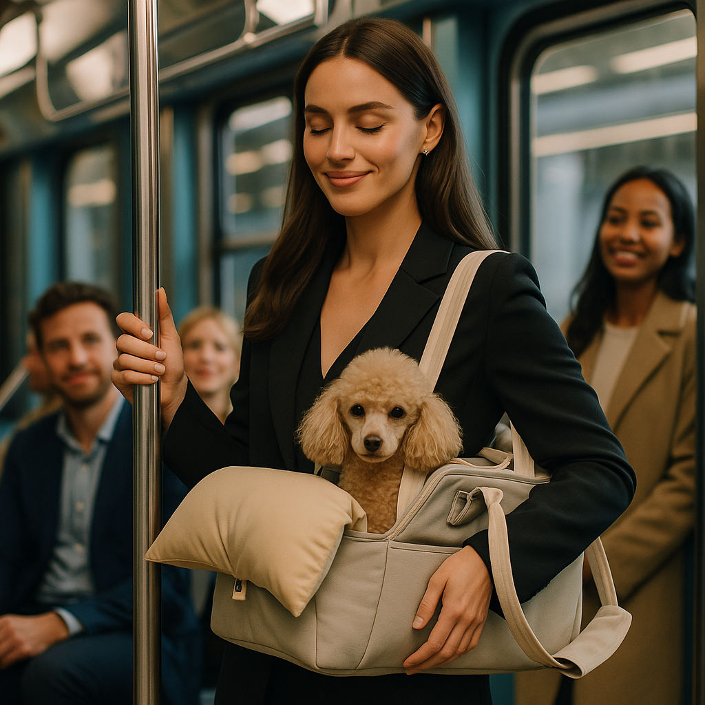 Magnifique caniche dans son sac de transport dans le métro accompagné de sa maîtresse 