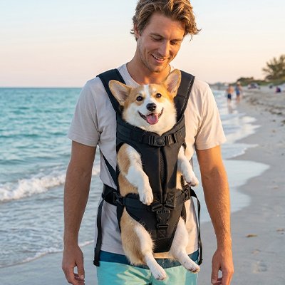 Sac de transport pour Chien porté sur les épaules su bord de la mer