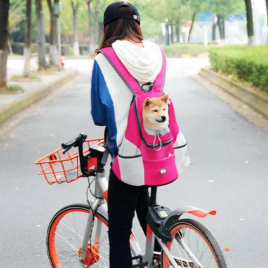 Femme sur son vélo avec sac de transport pour chien rose sur son dos le chien avec une vue panoramique sur son environnement