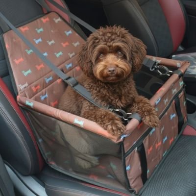 Siege auto pour chien brun avec motifs