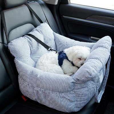 Siege auto pour chien caniche blanc qui dort installé sur le siège arrière