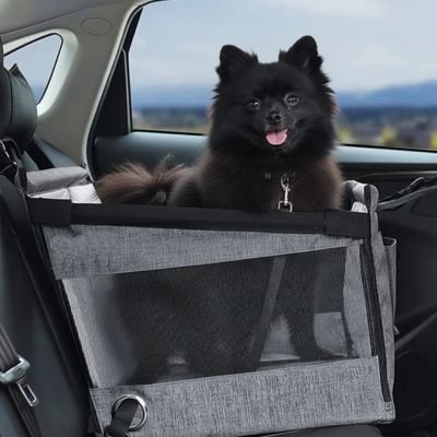Siege auto pour chien gris avec chien noir
