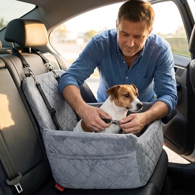 Siege auto pour chien gris installé siège arrière