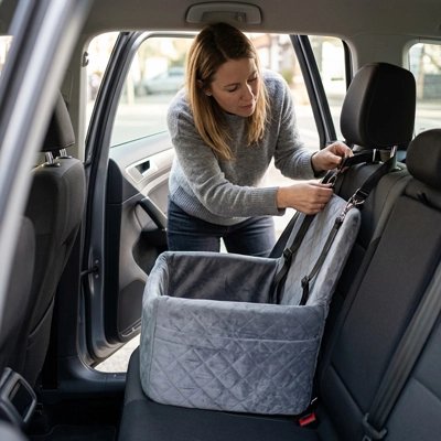 Siege auto pour chien gris sur le siège arrière